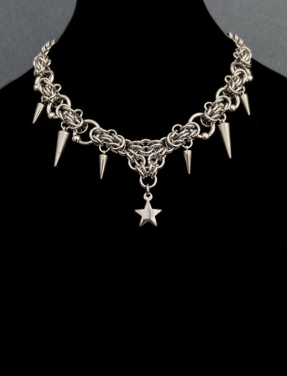 Spiked Star Necklace, Chainmail, Chainmaille Byzantine, Stainless