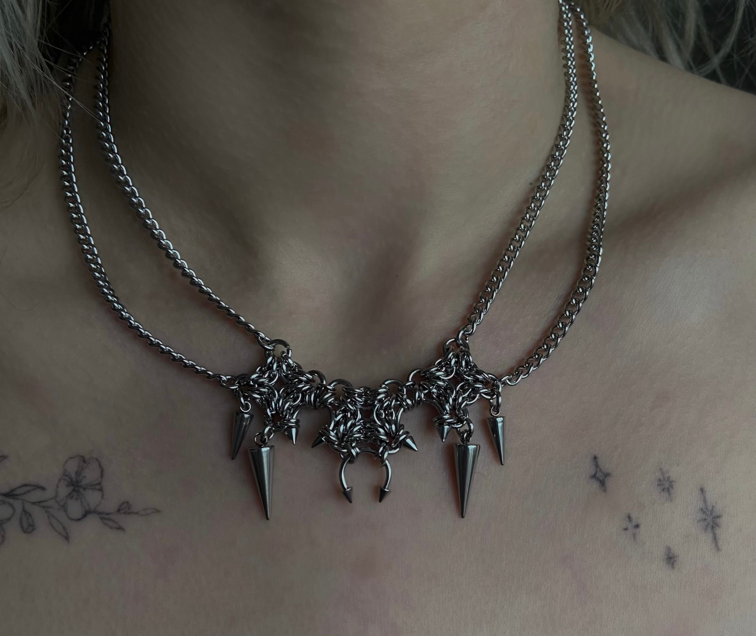 Cyber Spikes Necklace Stainless Steel, Chainmail, Chainmaille 
