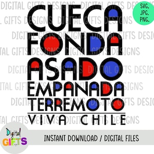 May include: A black and white graphic design with the words "CUECA", "FONDA", "ASADO", "EMPANADA", "TERREMOTO", and "VIVA CHILE" in bold black letters. The words are interspersed with red and blue circles.
