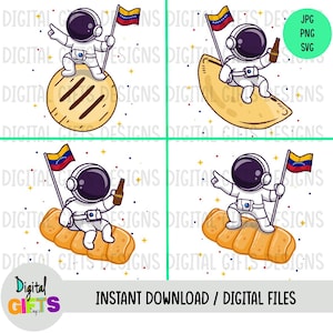 Puede incluir: Cuatro ilustraciones digitales de un astronauta sosteniendo una bandera venezolana y una cerveza, de pie sobre un alimento venezolano. El astronauta lleva un traje espacial blanco con una visera azul. El fondo es un espacio blanco con estrellas amarillas.