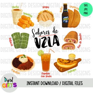 Puede incluir: Ilustración digital de la cocina venezolana, con arepas, empanadas, hallacas y pabellón. También se muestran bebidas como chicha y papelón con limón. El texto "Sabores de VZLA" se destaca en la imagen.