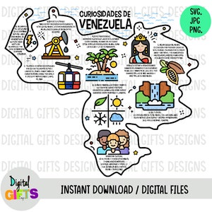 May include: A colourful illustrated map of Venezuela with facts about the country. The map features icons representing oil rigs, cable cars, palm trees, waterfalls, cacao pods, and a snowflake. The text in the image reads "Curiosidades de Venezuela".