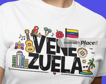 May include: White t-shirt featuring a black graphic design that reads "Venezuela" with various colourful icons including a parrot, a guitar, a palm tree, a city skyline, and the Venezuelan flag. The text "made with Placeit" is also included in the design.