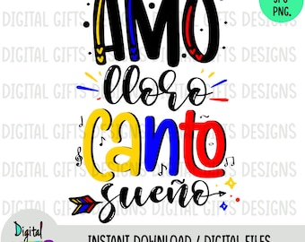 May include: A digital design featuring the words "AMO, lloro, canto, sueño" in a colourful, handwritten style. The design includes musical notes and an arrow, with the text in black, yellow, blue, and red. The words are set against a white background.