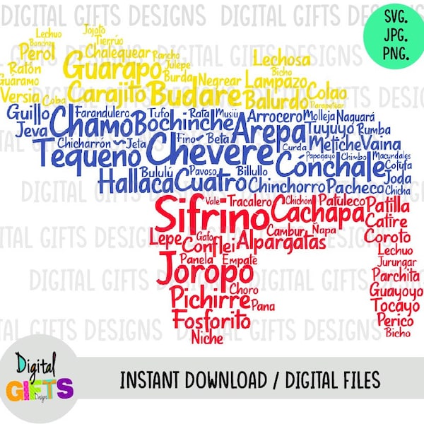 Mapa palabras venezolanas, diseño Svg, Png, Jpg Design, Silhouette, Cricut, Cut Files.
