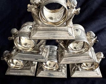Zestaw antycznych wiktoriańskich serwetek w kształcie aniołka, platerowanych srebrem, Barton & Reed (zestaw 6 sztuk)