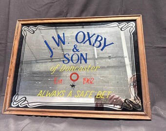 Rare J.W. des années 1970 Miroir publicitaire Oxby and Son Doncaster pour bookmakers 61 x 40 cm
