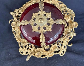 Antique Gilt French Victorian Ceiling Light, Ruby Red Glass Plafonnier (c1900)