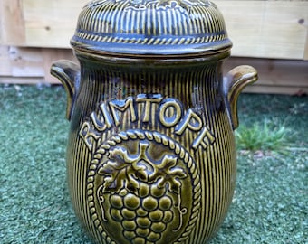 Tarro grande Rumtopf vintage de Alemania Occidental, esmaltado en marrón con tapa, 30 cm de alto, en excelente estado.
