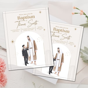 Puede incluir: Una invitación de bautismo blanca y dorada con una ilustración de acuarela de Jesús y un niño pequeño. La invitación dice "Por favor, únase a nosotros para el bautismo de Thomas Smith".
