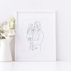 Christ&#39;s Embrace, Jesus hugging girl, Saint Baptism Gift, Christ Line Art, The Saviour portrait, Christian Artwork, Jesus minimalist