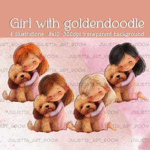Ragazza con cane goldendoodle clipart, illustrazione png con sfondo trasparente, disegno a sublimazione, bambino con cane barboncino, ritratto di cane