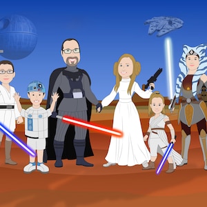 Stern Cartoon Portrait, Weihnachtsgeschenk, Pärchen Portrait, Familienportrait, Personalisiertes Star Familienportrait, Group Wars Portrait, Geschenk für Mama