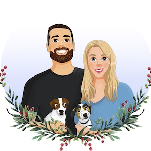 Portrait de famille de couple de style bande dessinée, cadeau de fête des pères, portrait d’animal de compagnie, illustration de famille, demoiselles d’honneur, portrait de chien, portrait de mariage