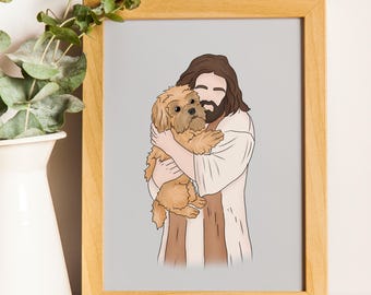 Custom dog portrait with Jesus, Jesus Holding Dog in his arms, Cat with Jesus, pet loss gift, pet memorial, Christ And Pets, dog funeral