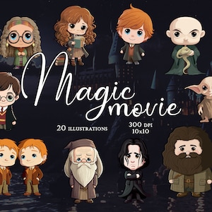 Magic movie characters clipart with transparent background, Magic school clipart, The boy who survived illustration, Fantasy clipart