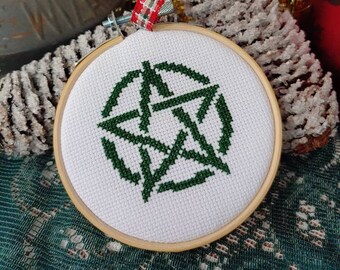 Finished cross stitch, Pentacle, witchcraft, occult, gift, pentagram, witches, magick, star, winter, needlepoint, decor
