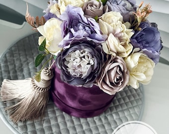 Purple Cream Artificial Flower Bouquet, Velvet Hat Box Centerpiece