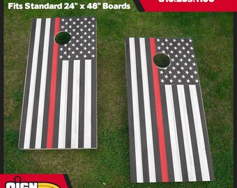 Bandera de línea roja delgada, bandera estadounidense Barnwood Cornhole Wrap, envoltura de EE. UU., Cornhole, bombero
