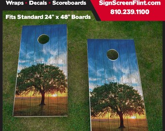 Puesta de sol con árbol grande en Barnwood Cornhole Wrap, árbol, envoltura, cornhole, cielo, campo de árboles al atardecer