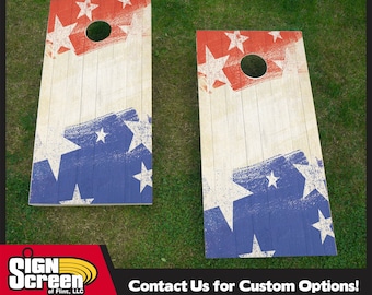 Estrellas Rojas Azules en Barnwood Cornhole Wrap, Bandera, Wrap, Cornhole, Estrellas, Bandera Azul Roja