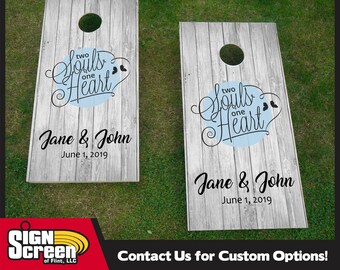 Two Souls One Heart Barnwood Cornhole Wrap, Wedding Wrap, Cornhole, Parejas