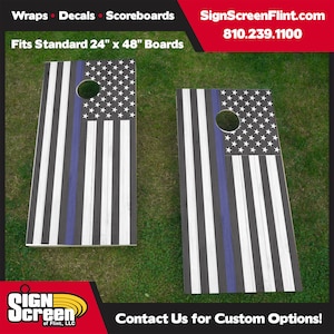 Thin Blue Line Flag , American Flag Barnwood Cornhole Wrap, USA Wrap, Cornhole, Police