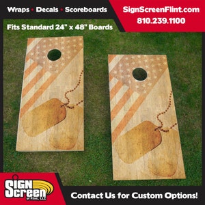 Dogtags with Flag Barnwood Cornhole Wrap, USA Wrap, Cornhole, Marine, Army