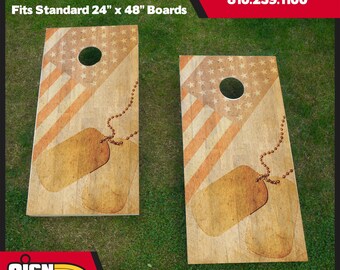 Dogtags con Flag Barnwood Cornhole Wrap, USA Wrap, Cornhole, Marine, Army