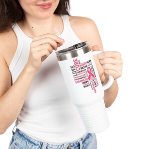 Breast Cancer Awareness Insulated Mug, Pink Ribbon Travel Cup, 40oz Tumbler, Survivor Gift, Chemo Support, Thermal Coffee Container
