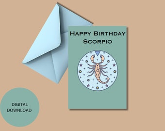 Scorpio style Birthday card, Printable PDF,JPEG,PNG Cute Zodiac greeting card, gift for all, size 5 x 7