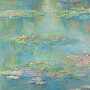 Op de afbeelding: Een schilderij van een vijver met waterlelies. Het water is lichtblauwgroen en de lelies zijn geel en roze. Het schilderij is van Claude Monet.