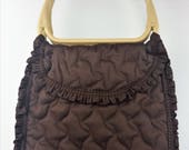 Vintage 1970s Brown Quilted Hippie Boho Prairie Purse, Plastic Ring Handles