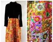 Vintage 1960s-70s Black Velvet and Bright Floral Quilted Maxi Dress- Size M to L- Hippie Boho