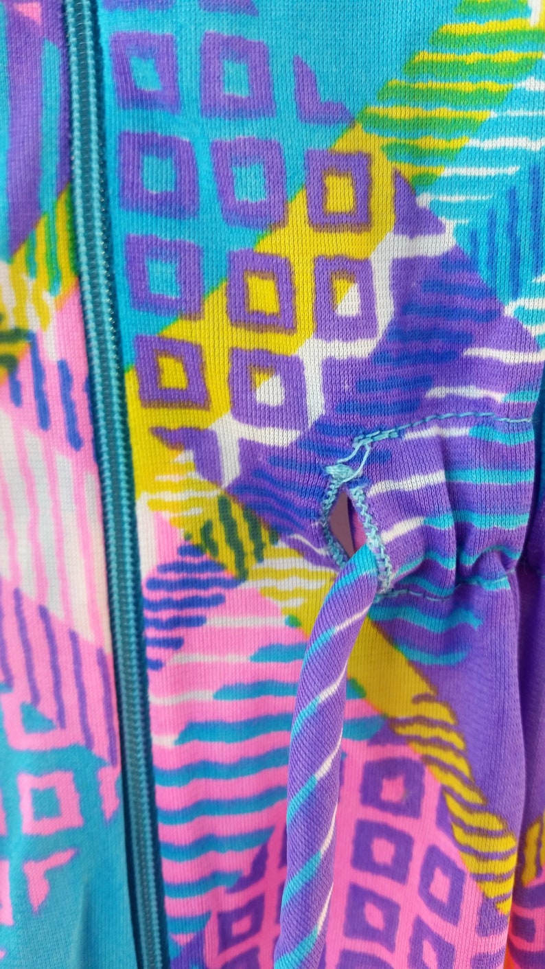 Vintage 60s Funky Patchwork Polyester Maxi Lounge Dress Size 12 Gown Pajamas Neon DayGlo Psychedelic House Dress