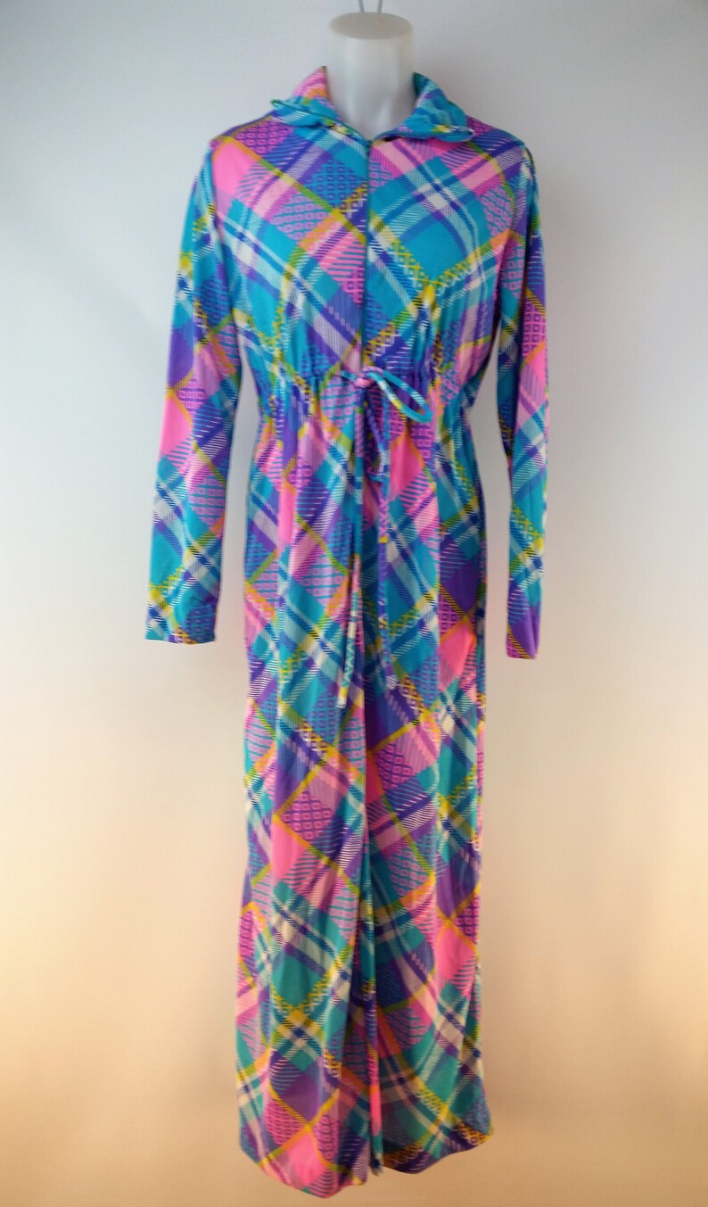 Vintage 60s Funky Patchwork Polyester Maxi Lounge Dress Size 12 Gown Pajamas Neon DayGlo Psychedelic House Dress