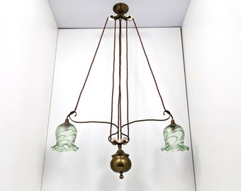 Antike Messing Rise & Fall Deckenleuchte mit Boho Jugendstil Glasschirme, Anfang des 20.Jahrhunderts