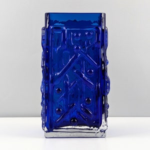 Smalandshyttan Cobalt Blue and Clear Cased Abstract Textured Vase, 1960's Swedish, Scandinavian Art Glass, Josef Schott image 2