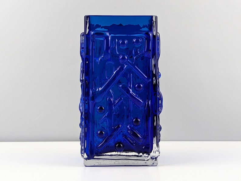 Smalandshyttan Cobalt Blue and Clear Cased Abstract Textured Vase, 1960's Swedish, Scandinavian Art Glass, Josef Schott image 2