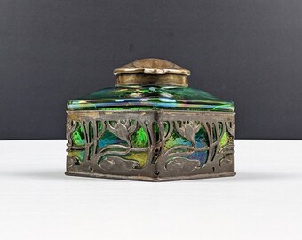 Bohemian Art Nouveau Iridescent Green Uranium Glass Inkwell With Metal Decoration, Possibly Loetz / Stolzle / Kralik