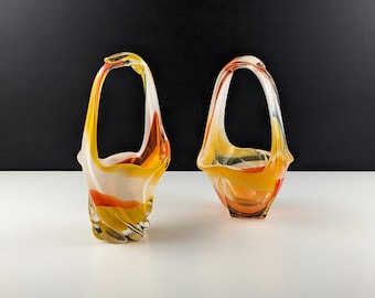 Pair of Iwatsu Hineri Glass Basket Vases, Yellow Orange and White, 1970's Home Decor, Japanese Art Glass