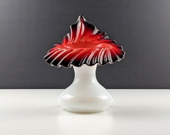Victorian Opaline Jack In The Pulpit Vase, White With Oxblood Red Graduated Frilled Rim, Antique Bohemian Art Glass