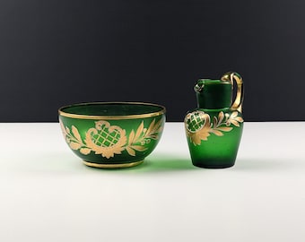 Early 20th Century Green Satin Glass Milk Jug and Sugar Bowl, Gold and White Decor, Possibly Goldberg, Art Nouveau Bohemian Czech Tableware