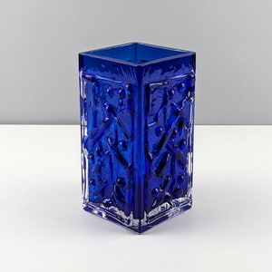 Smalandshyttan Cobalt Blue and Clear Cased Abstract Textured Vase, 1960's Swedish, Scandinavian Art Glass, Josef Schott image 10