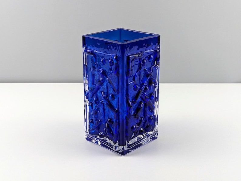 Smalandshyttan Cobalt Blue and Clear Cased Abstract Textured Vase, 1960's Swedish, Scandinavian Art Glass, Josef Schott image 10