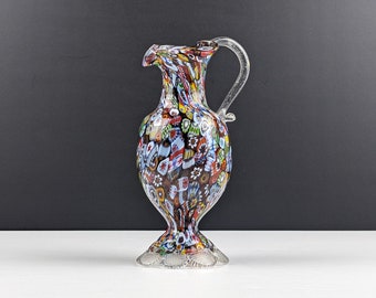 Murano Millefiori Scrambled Murrine Multicolour Glass Ewer or Jug Vase, Vintage Italian Venetian Art Glass