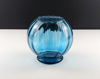 Vintage Empoli Italy Blue Ball Vase, Optic Stripe, 1950's 1960's Mid Century Italian Art Glass