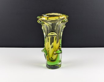 Karlovarske Sklo Chunky Knobbly Green Yellow & Clear Glass Vase, Mstisov Moser, Mid Century Czech Art Glass