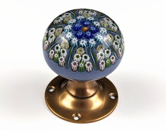 Perthshire Millefiori Spoke Cane Paperweight Door Knob, Blue Green White Yellow Orange, Vintage 1960's Scottish Art Glass