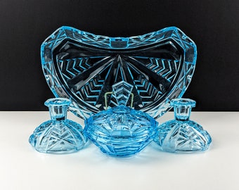 Josef Inwald / Rudolfova Hut 11480 Bright Blue Glass Vanity / Dresser Set, Tray, Pair of Candlesticks, Trinket Pot, 1940's Czech